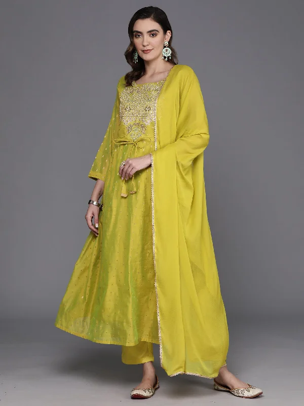 Women's Green Embroidered A-Line Kurta Trousers With Dupatta Set - Indo Era Trousers Low Rise Relaxed