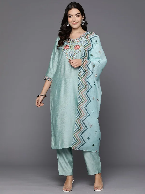 Women's Blue Embroidered Straight Kurta Trousers With Dupatta Set - Indo Era Trousers Business Professional