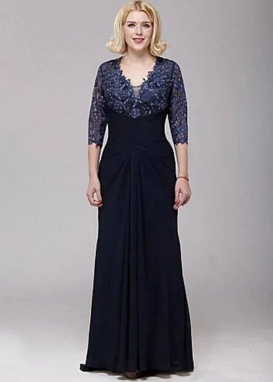 Navy Blue Mother Of The Bride Dresses A-line V-neck 3/4 Sleeves Chiffon Lace Beaded Groom Long Mother Dresses For Wedding Navy Blue Mother Of The Bride Dresses A-line V-neck 3/4 Sleeves Chiffon Lace Beaded Groom Long Mother Dresses For Wedding