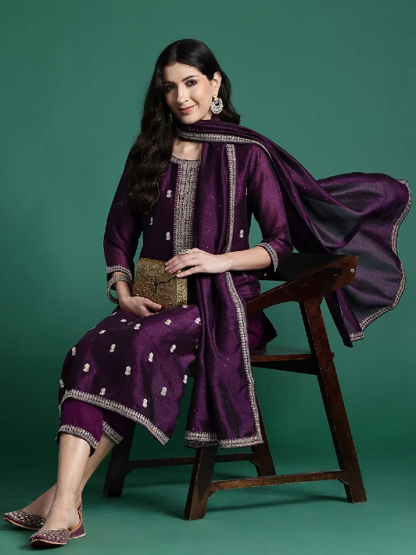 Women's Purple Embroidered Straight Kurta Trousers With Dupatta Set - Indo Era Chinos Cotton Straight Leg