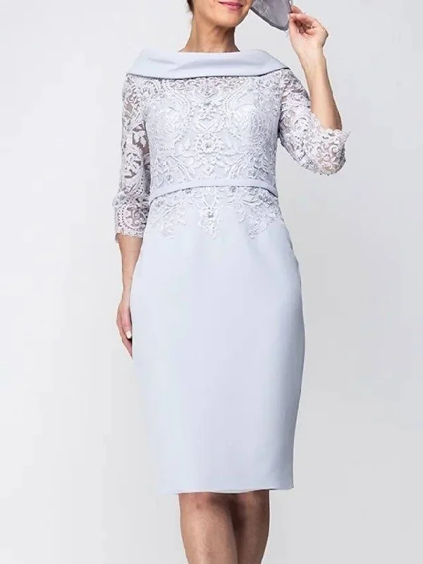 Sheath / Column Mother of the Bride Dress Elegant Jewel Neck Knee Length Satin 3/4 Length Sleeve with Sash / Ribbon Appliques Split Front Sheath / Column Mother of the Bride Dress Elegant Jewel Neck Knee Length Satin 3/4 Length Sleeve with Sash / Ribbon Appliques Split Front