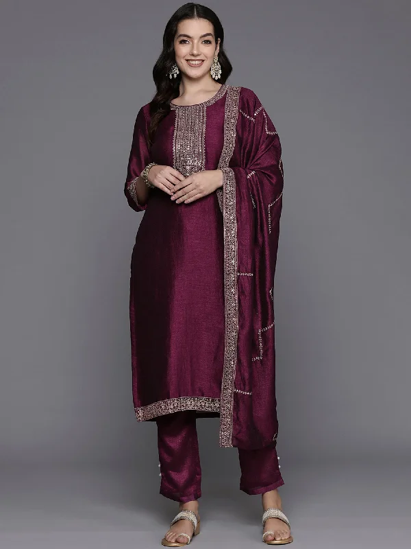 Women's Burgundy Embroidered Straight Kurta Trousers With Dupatta Set - Indo Era Trousers versatile all-occasion