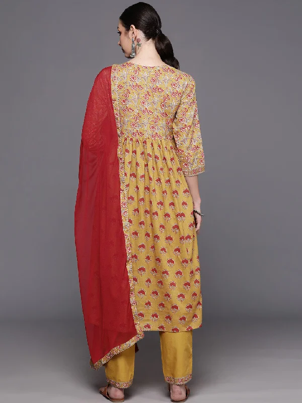 Women's Mustard Printed A-Line Kurta Trousers With Dupatta  Set - Indo Era Trousers sophisticated sleek