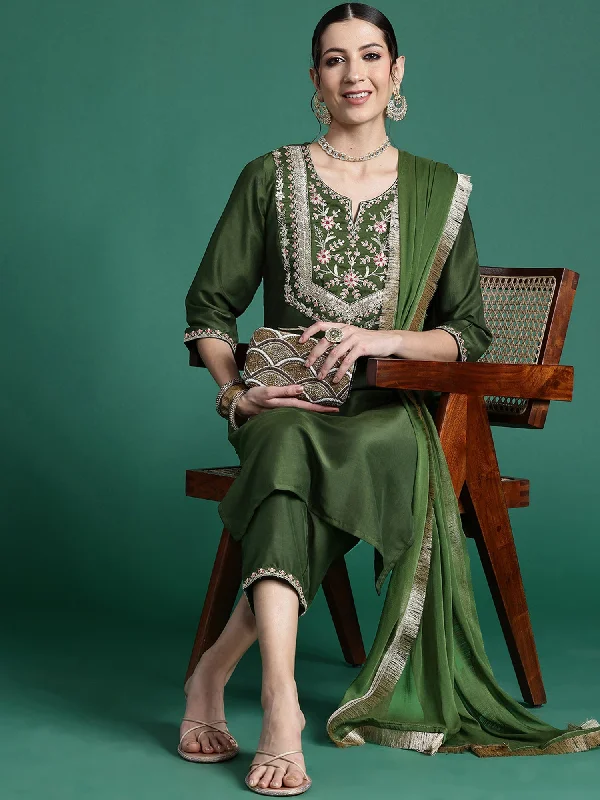 Women's Green Embroidered Straight Kurta Trousers With Dupatta Set - Indo Era Trousers fashionable chic