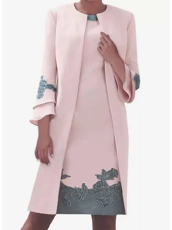 Sheath / Column Mother of the Bride Dress Elegant Jewel Neck Knee Length Satin Long Sleeve with Embroidery Sheath / Column Mother of the Bride Dress Elegant Jewel Neck Knee Length Satin Long Sleeve with Embroidery