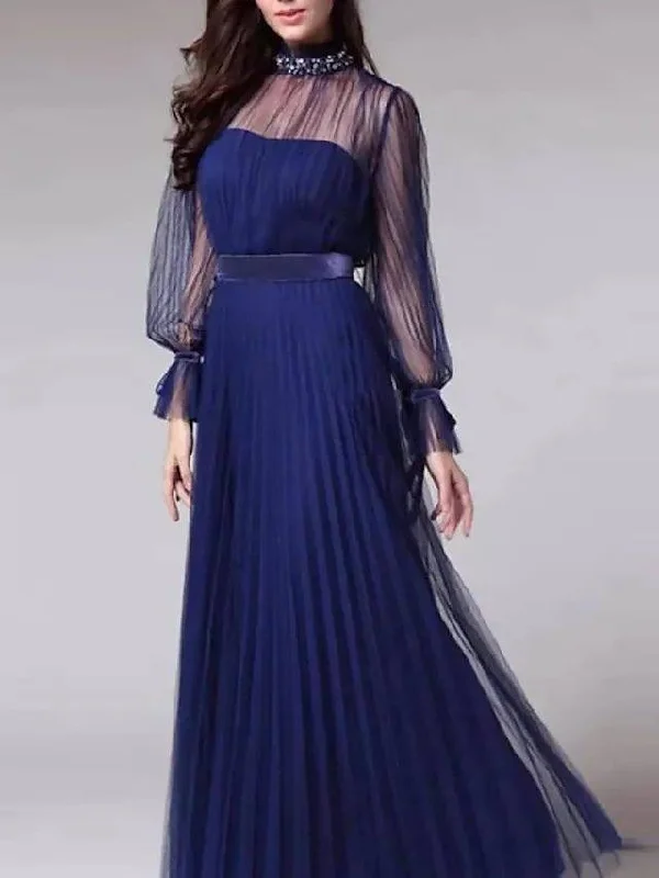 A-Line Mother of the Bride Dress Elegant See Through High Neck Floor Length Tulle Long Sleeve with Sash / Ribbon Pleats A-Line Mother of the Bride Dress Elegant See Through High Neck Floor Length Tulle Long Sleeve with Sash / Ribbon Pleats
