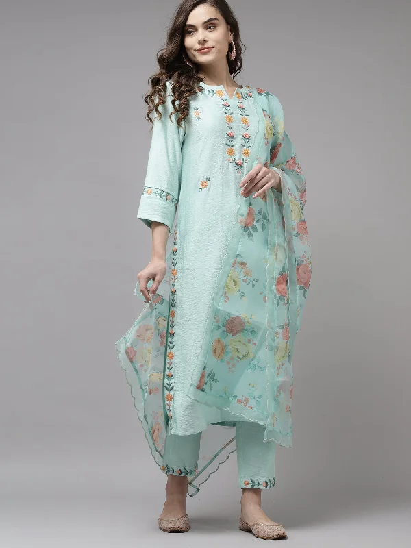 Women's Sea Green Embroidered Straight Kurta Trouser With Dupatta Set - Indo Era Trousers Leather Faux