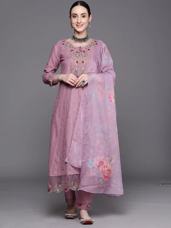 Women's Lavender Embroidered A-Line Kurta Trousers With Dupatta Set - Indo Era Trousers Denim Blue