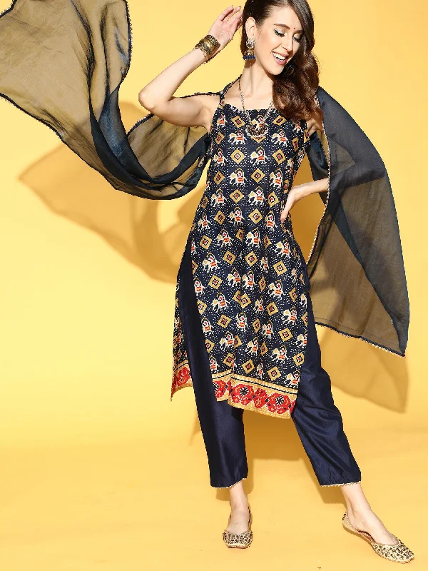 Women's Blue Printed Straight Kurta Trouser With Dupatta Set - Indo Era Skinny Trousers Denim Stretchy