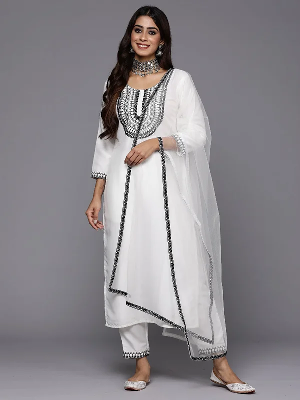 Women's White Embroidered Straight Kurta Trousers With Dupatta Set - Indo Era Trousers Floral Bohemian