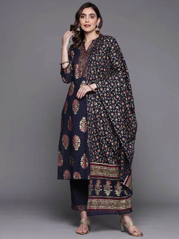 Women's Blue Printed Straight Kurta Trousers With Dupatta Set - Indo Era Trousers Recommended Stylist