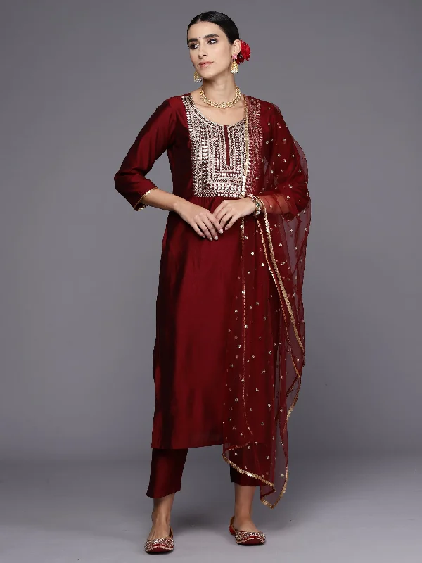 Women's Maroon Embroidered Straight Kurta Trousers With Dupatta Set - Indo Era Trousers sophisticated sleek