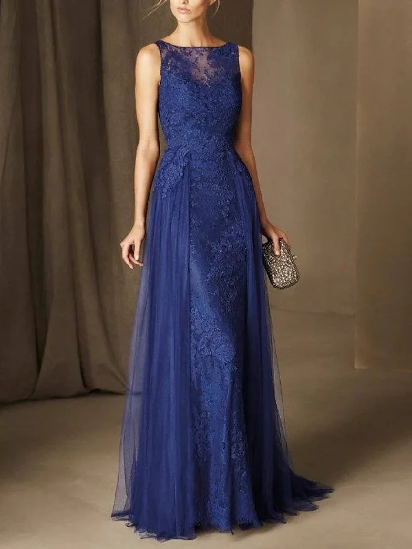 A-Line Mother of the Bride Dress Elegant Jewel Neck Floor Length Lace Sleeveless with Pleats Appliques A-Line Mother of the Bride Dress Elegant Jewel Neck Floor Length Lace Sleeveless with Pleats Appliques