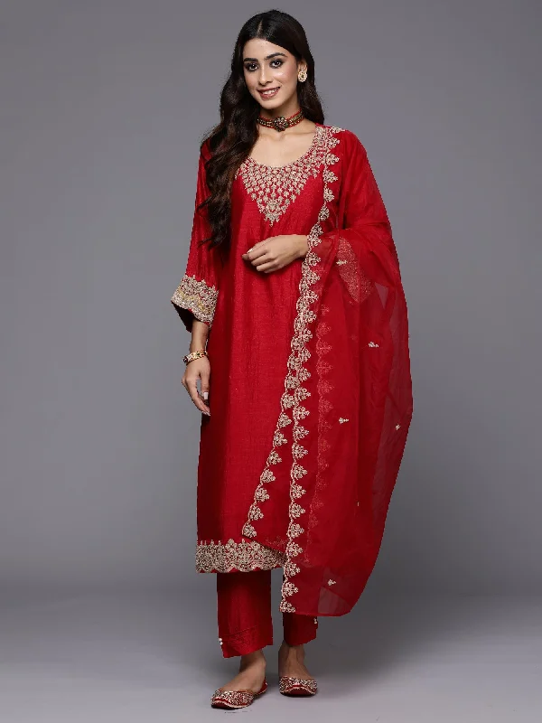 Women's Red Embroidered Straight Kurta Trousers With Dupatta Set - Indo Era Trousers Pleated Formal