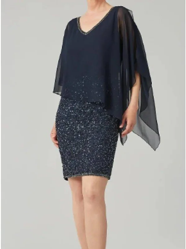 Sheath / Column Mother of the Bride Dress Sexy V Neck Knee Length Chiffon 3/4 Length Sleeve with Sequin Sheath / Column Mother of the Bride Dress Sexy V Neck Knee Length Chiffon 3/4 Length Sleeve with Sequin