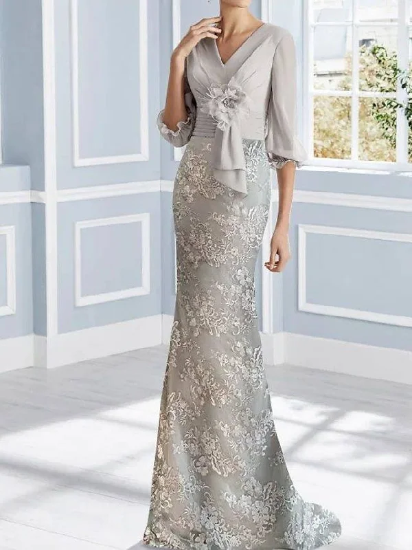 Mermaid / Trumpet Mother of the Bride Dress Elegant V Neck Sweep / Brush Train Chiffon Lace Half Sleeve with Pleats Appliques Mermaid / Trumpet Mother of the Bride Dress Elegant V Neck Sweep / Brush Train Chiffon Lace Half Sleeve with Pleats Appliques