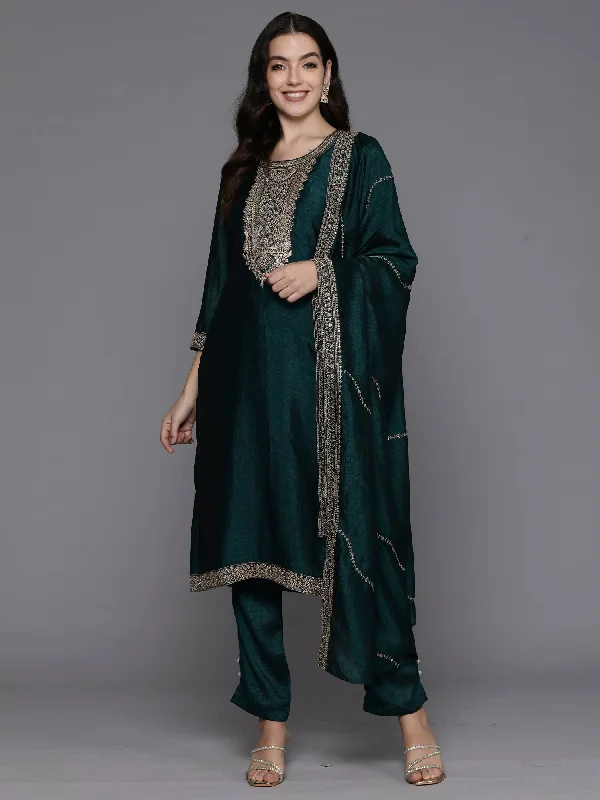 Women's Teal Embroidered Straight Kurta Trousers With Dupatta Set - Indo Era Trousers cozy soft