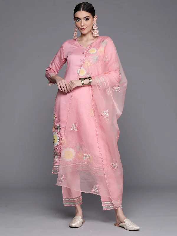 Women's Pink Embroidered Ethnic Straight Kurta Trousers With Dupatta Set - Indo Era Trousers Wedding White