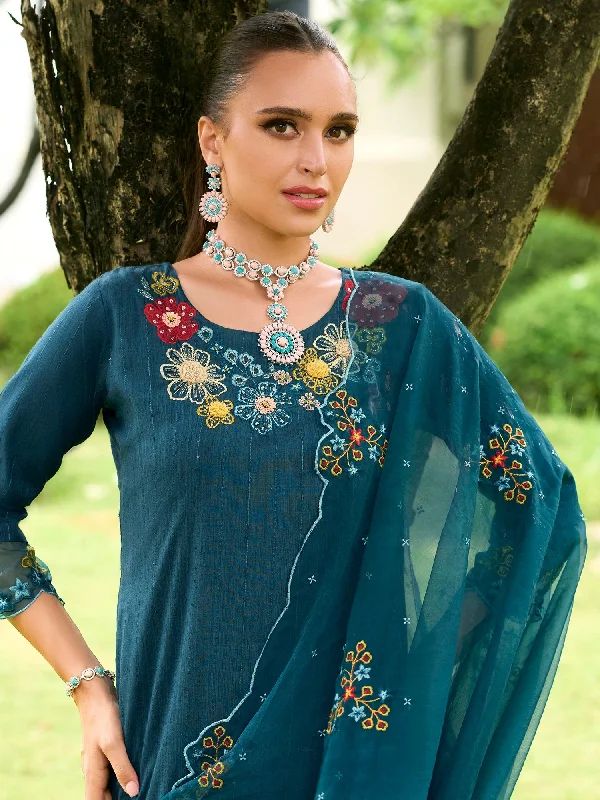 Women's Teal Embroidered Straight Kurta Trousers With Dupatta Set - Indo Era Trousers New Arrival