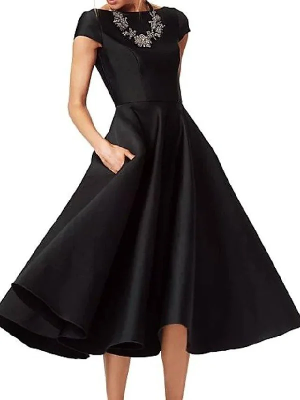 A-Line Mother of the Bride Dress Elegant Jewel Neck Tea Length Satin Short Sleeve with Ruching A-Line Mother of the Bride Dress Elegant Jewel Neck Tea Length Satin Short Sleeve with Ruching