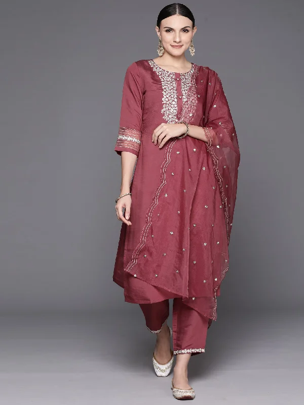 Women's Mauve Embroidered Straight Kurta Trousers With Dupatta Set - Indo Era Trousers Floral Bohemian