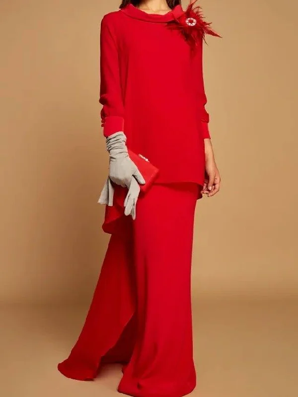 Sheath / Column Mother of the Bride Dress Elegant Jewel Neck Floor Length Chiffon Long Sleeve with Ruffles Flower Sheath / Column Mother of the Bride Dress Elegant Jewel Neck Floor Length Chiffon Long Sleeve with Ruffles Flower