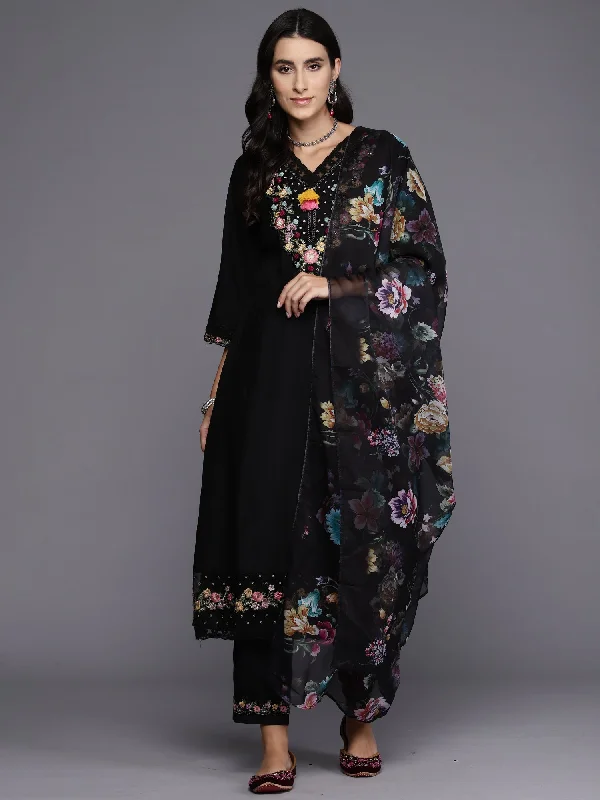 Women's Black Embroidered A-Line Kurta Trousers With Dupatta Set - Indo Era Trousers Chinos Classic