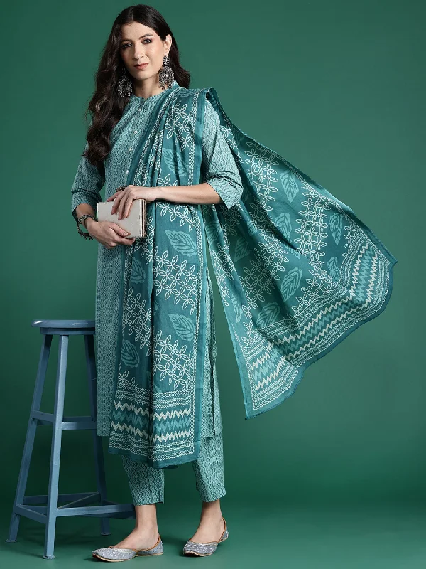 Women's Blue Printed Straight Kurta Trousers With Dupatta Set - Indo Era Trousers Bridal Satin