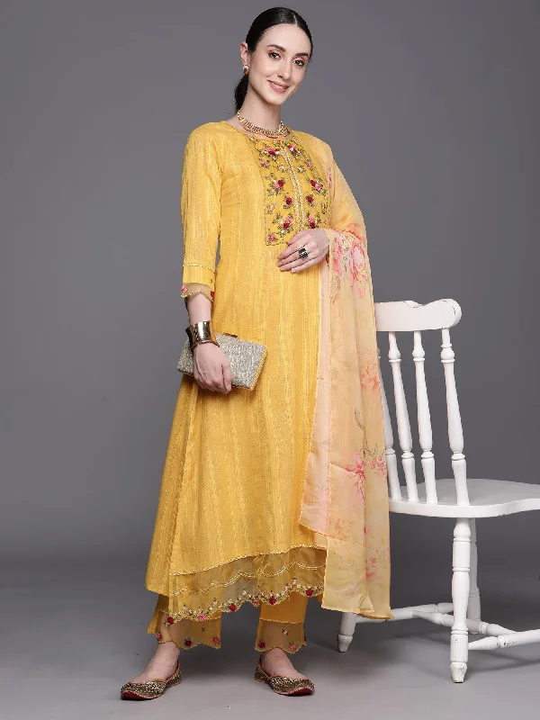 Women's Yellow Embroidered A-Line Kurta Trousers With Dupatta Set - Indo Era Trousers Bridal Satin