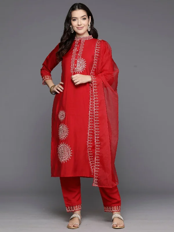 Women's Red Embroidered Straight Kurta Trousers With Dupatta Set - Indo Era Trousers Elastic Waist Soft