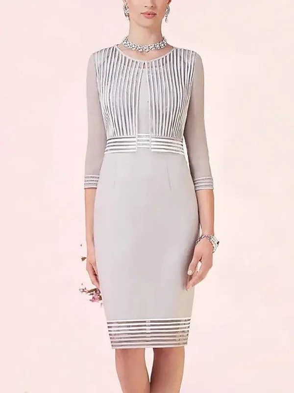 Two Piece Sheath / Column Mother of the Bride Dress Elegant Jewel Neck Knee Length Satin 3/4 Length Sleeve with Pleats Two Piece Sheath / Column Mother of the Bride Dress Elegant Jewel Neck Knee Length Satin 3/4 Length Sleeve with Pleats