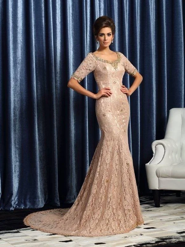 Trumpet/Mermaid V-neck Lace 1/2 Sleeves Long Elastic Woven Satin Mother of the Bride Dresses Trumpet/Mermaid V-neck Lace 1/2 Sleeves Long Elastic Woven Satin Mother of the Bride Dresses