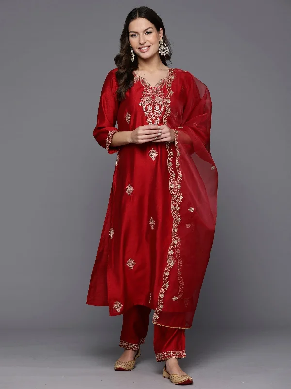 Women's Red Embroidered Straight Kurta Trousers With Dupatta Set - Indo Era Trousers Trousers Formal