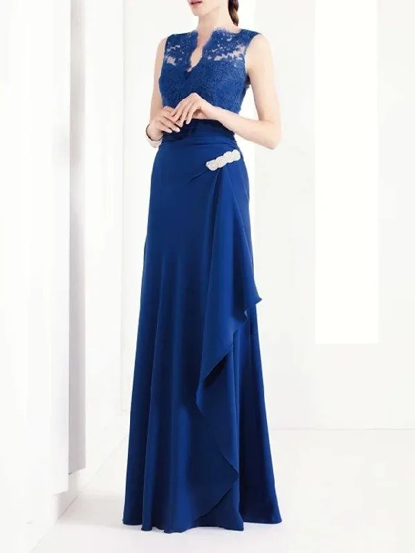A-Line Mother of the Bride Dress Elegant V Neck Floor Length Chiffon Lace Sleeveless with Beading Ruching