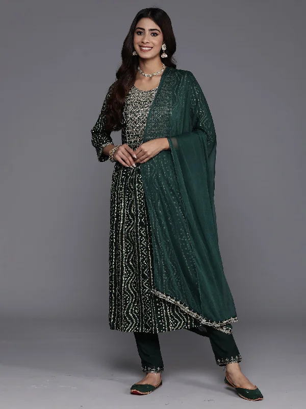 Women's Green Embroidered A-Line Kurta Trousers With Dupatta Set - Indo Era Trousers Denim Distressed