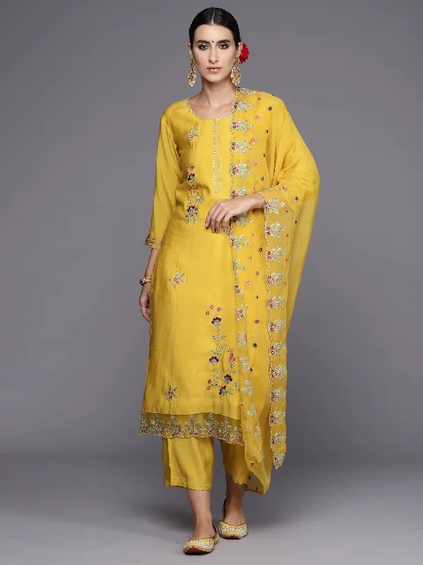 Women's Yellow Embroidered Straight Kurta Trousers With Dupatta Set - Indo Era Cropped Trousers Casual Linen