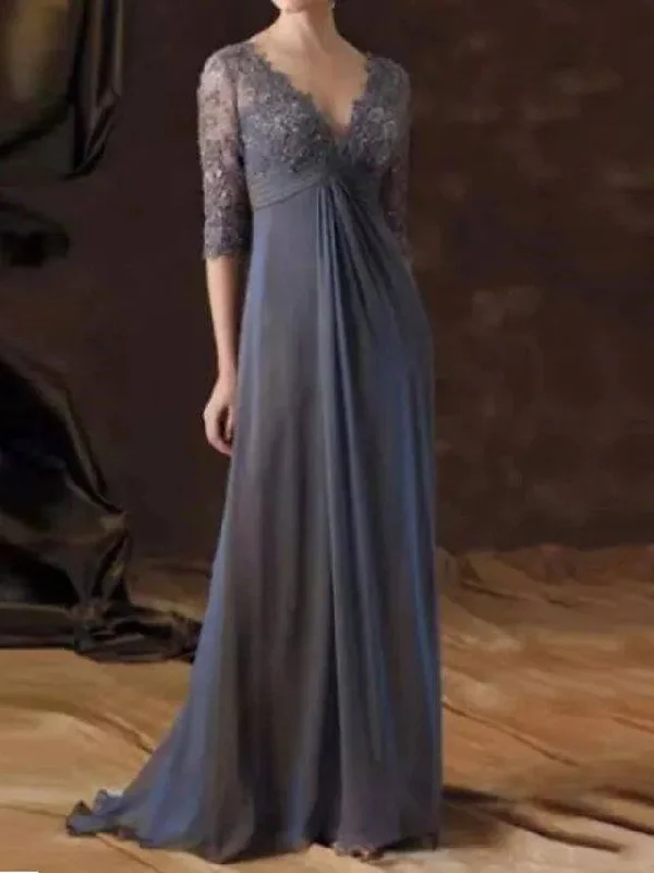 A-Line Mother of the Bride Dress Elegant V Neck Sweep / Brush Train Chiffon Lace Half Sleeve with Pleats Draping A-Line Mother of the Bride Dress Elegant V Neck Sweep / Brush Train Chiffon Lace Half Sleeve with Pleats Draping