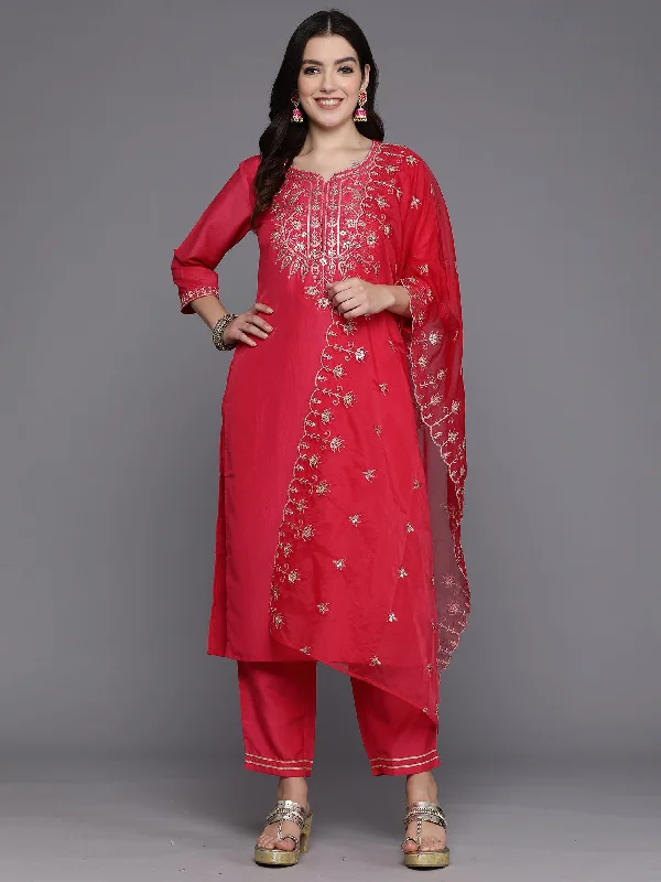 Women's Pink Embroidered Straight Kurta Trousers With Dupatta Set - Indo Era Trousers Running Lightweight