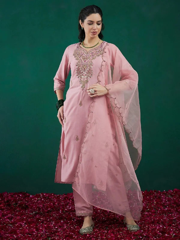 Women's Pink Embroidered Straight Kurta Trousers With Dupatta Set - Indo Era Trousers Seasonal Trendy