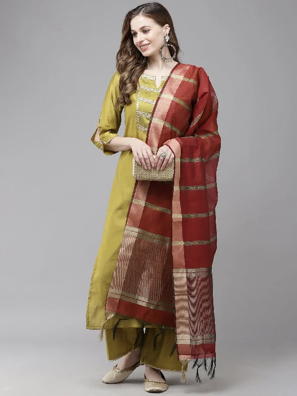 Women's Olive Solid Straight Kurta Trouser With Dupatta Set - Indo Era Trousers Print Floral