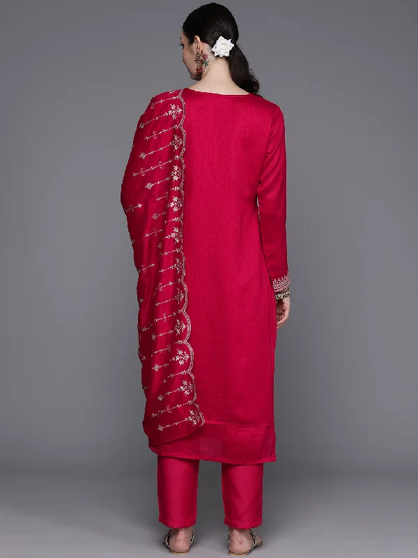 Women's Pink Embroidered Straight Kurta Trousers With Dupatta Set - Indo Era Trousers Spring Floral