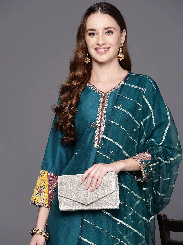 Women's Teal Embroidered Straight Kurta Trousers With Dupatta Set - Indo Era Trousers Cargo pockets