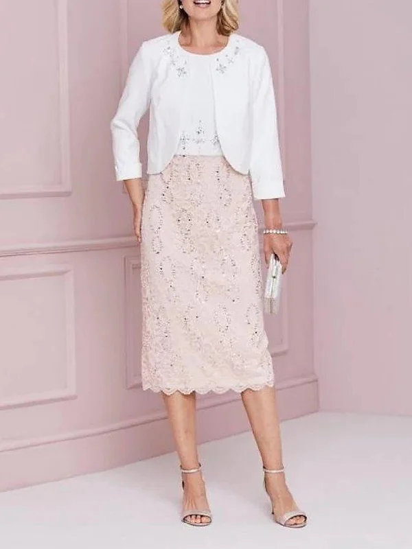 Sheath / Column Mother of the Bride Dress Elegant Jewel Neck Tea Length Lace Stretch Satin 3/4 Length Sleeve with Lace Beading Appliques Sheath / Column Mother of the Bride Dress Elegant Jewel Neck Tea Length Lace Stretch Satin 3/4 Length Sleeve with Lace Beading Appliques