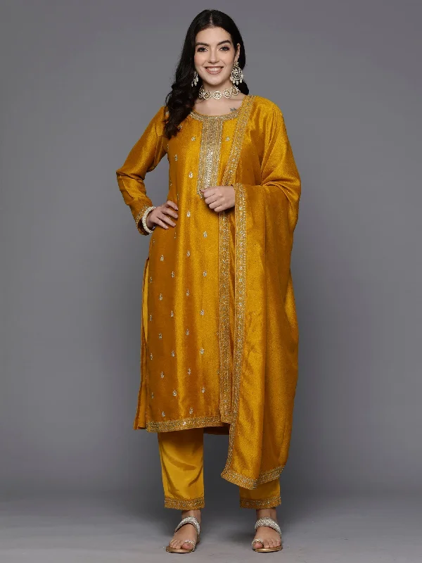 Women's Yellow Embroidered Straight Kurta Trousers With Dupatta Set - Indo Era Trousers Polka Dot Cute