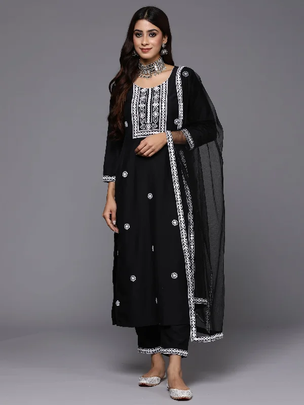 Women's Black Embroidered Straight Kurta Trousers With Dupatta Set - Indo Era Trousers Pleated Formal