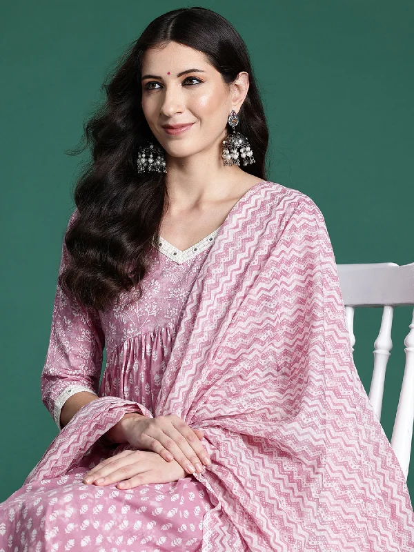 Women's Pink Printed A-Line Kurta Trousers With Dupatta Set - Indo Era Trousers Harem Relaxed Fit