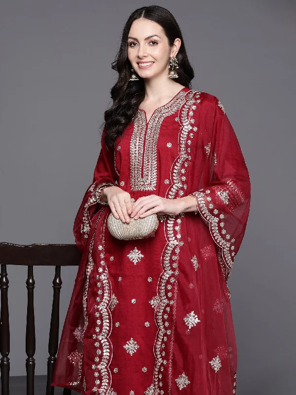 Women's Red Embroidered Straight Kurta Trousers With Dupatta Set - Indo Era Trousers Fleece Cozy