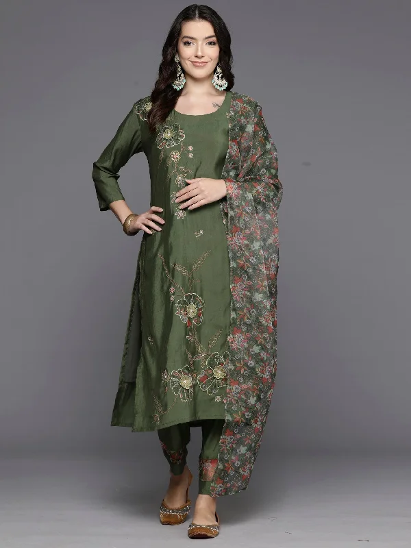 Women's Green Embroidered Straight Kurta Trousers With Dupatta Set - Indo Era Wide Leg Loose Fit Mid Waist