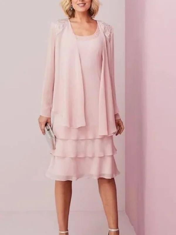 Two Piece Sheath / Column Mother of the Bride Dress Elegant Scoop Neck Knee Length Chiffon Lace Long Sleeve with Cascading Ruffles Two Piece Sheath / Column Mother of the Bride Dress Elegant Scoop Neck Knee Length Chiffon Lace Long Sleeve with Cascading Ruffles