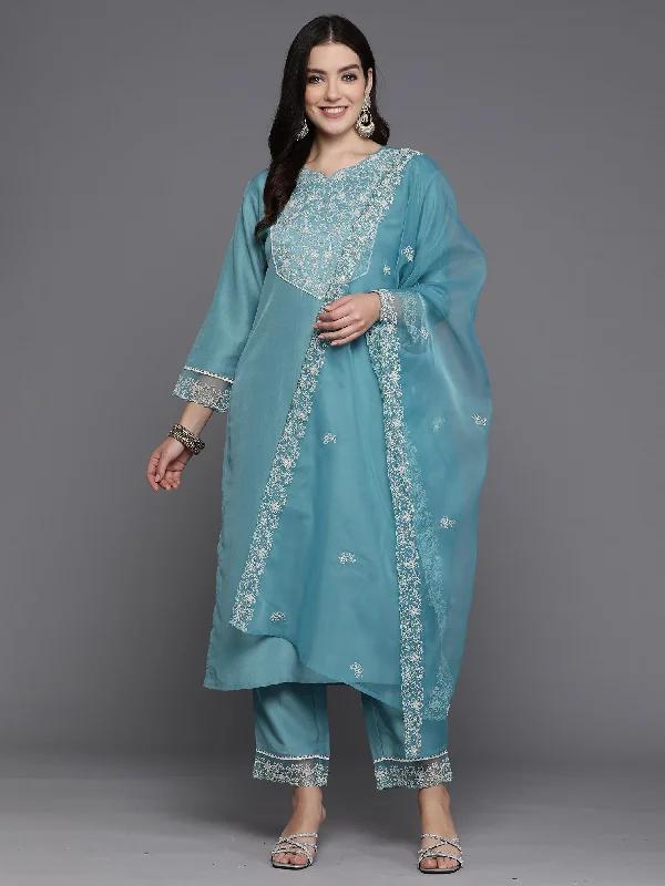 Women's Sea Green Embroidered Straight Kurta Trousers With Dupatta Set - Indo Era Trousers Summer Linen